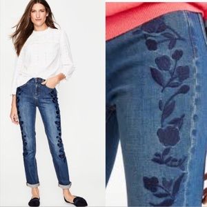 Boden Cavendish Girlfriend Blue Flower Embroidery High Rise Jeans